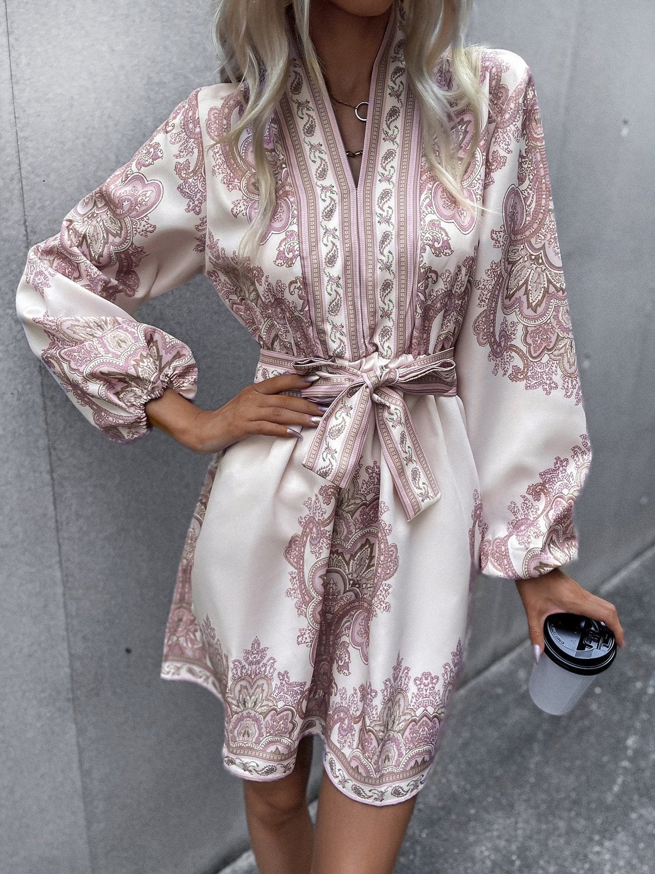 Women's Dresses Casual Belted Printed Long Sleeve Dress - LuckyFash™