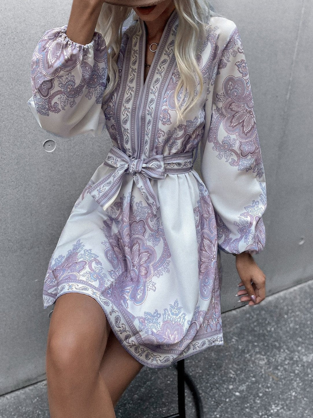 Women's Dresses Casual Belted Printed Long Sleeve Dress - LuckyFash™