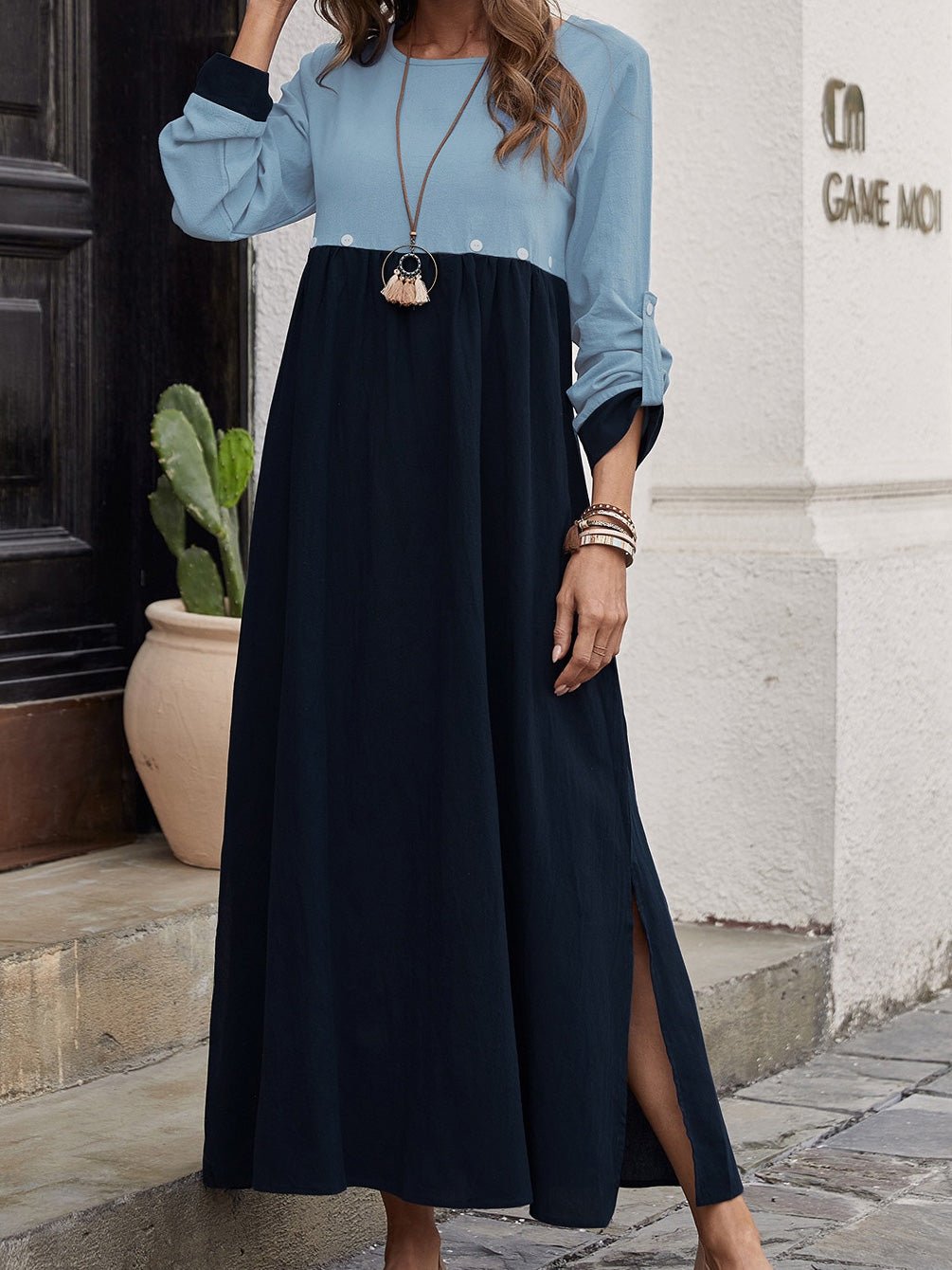 Women's Dresses Casual Crew Neck Long Sleeve Slit Dress - LuckyFash™