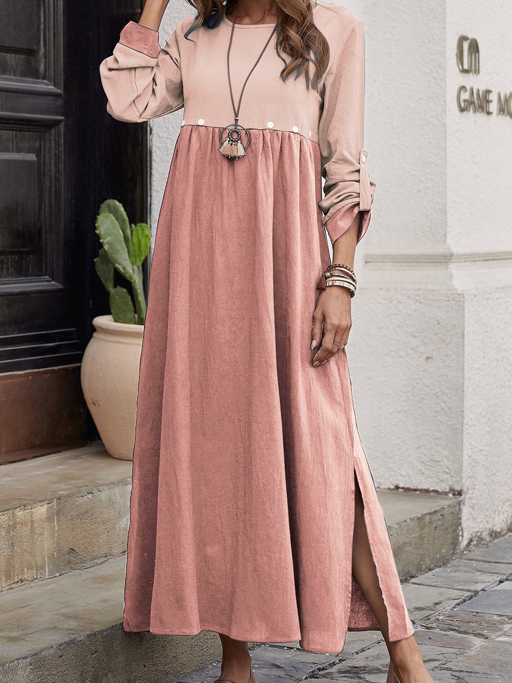 Dresses Casual Crew Neck Long Sleeve Slit Dress for Women