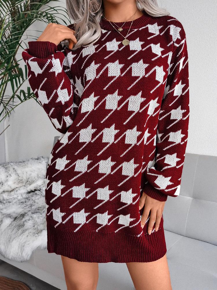 Women's Dresses Casual Long Sleeve Houndstooth Knitted Sweater Dress - LuckyFash™