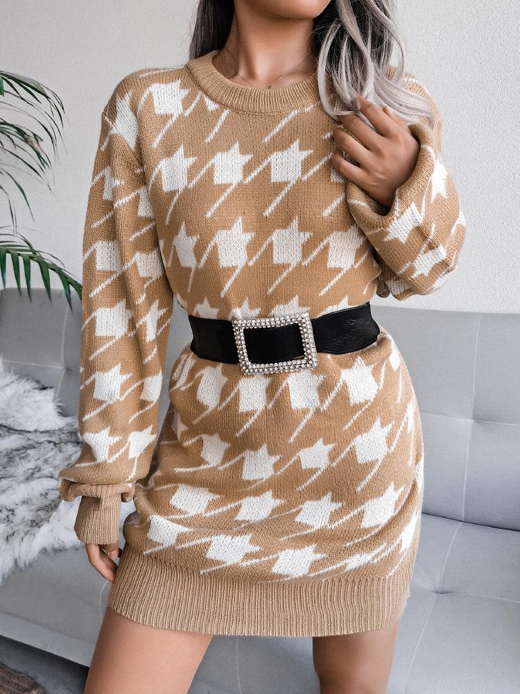 Women's Dresses Casual Long Sleeve Houndstooth Knitted Sweater Dress - LuckyFash™