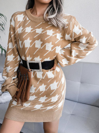 Women's Dresses Casual Long Sleeve Houndstooth Knitted Sweater Dress - LuckyFash™