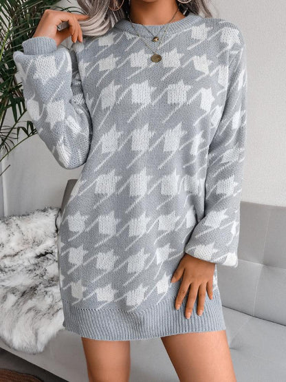 Women's Dresses Casual Long Sleeve Houndstooth Knitted Sweater Dress - LuckyFash™