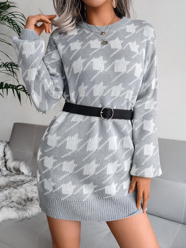 Women's Dresses Casual Long Sleeve Houndstooth Knitted Sweater Dress - LuckyFash™