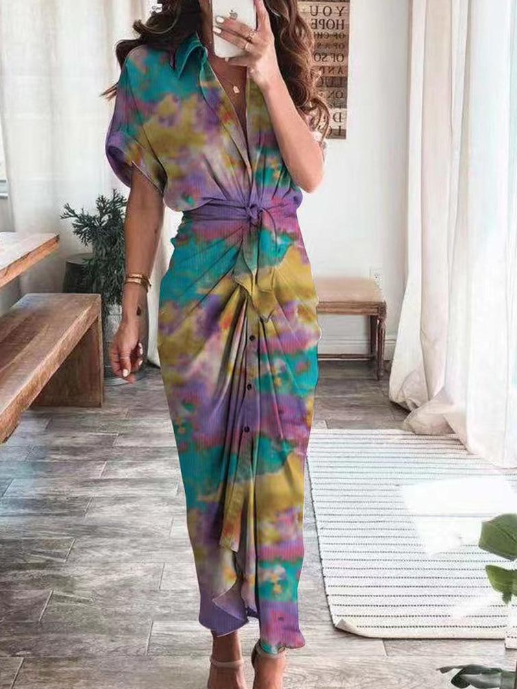 Maxi Dresses - Casual Multicolor Printed Button Shirt Dress - MsDressly