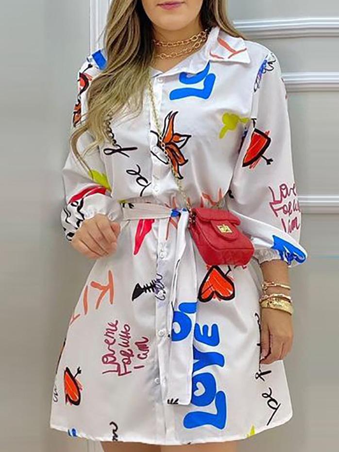 Dresses Casual Printed Belt Long Sleeve Shirt Dress for Women