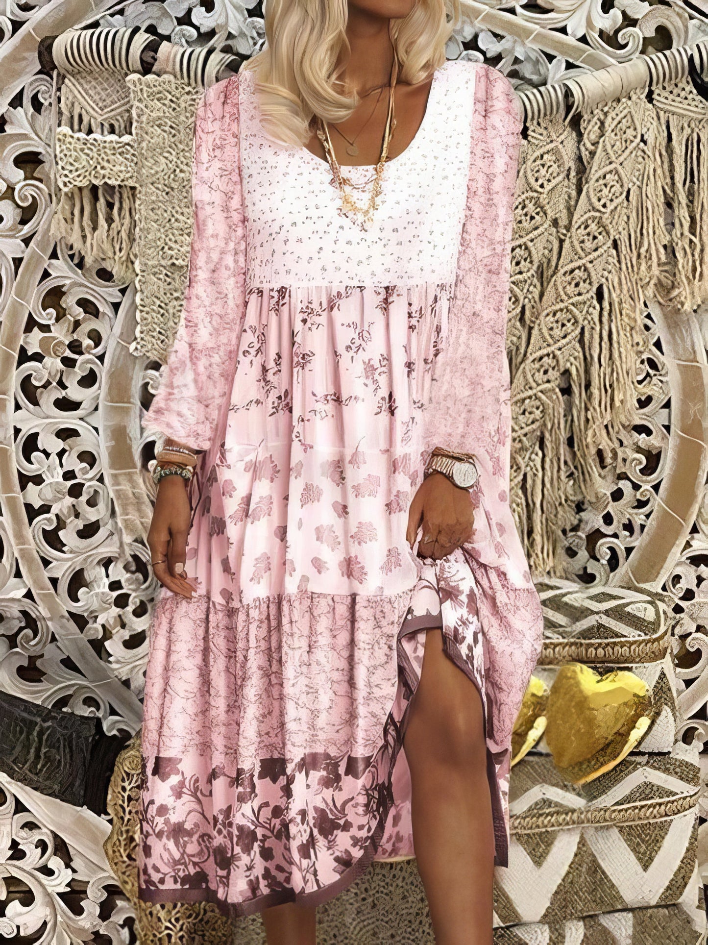 Midi Dresses - Casual Round Neck Print Long Sleeve Dress - MsDressly