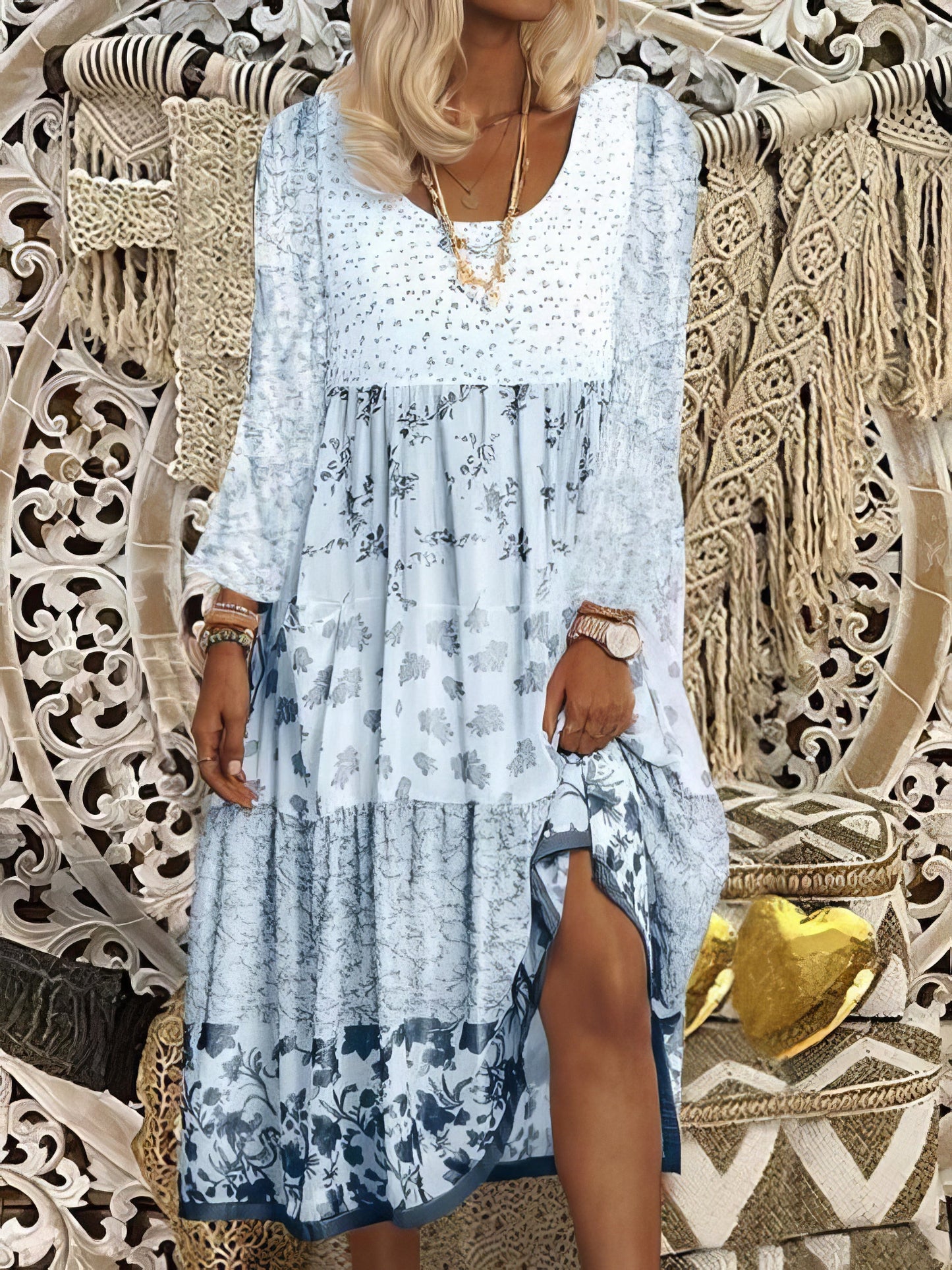 Casual Round Neck Print Long Sleeve Dress