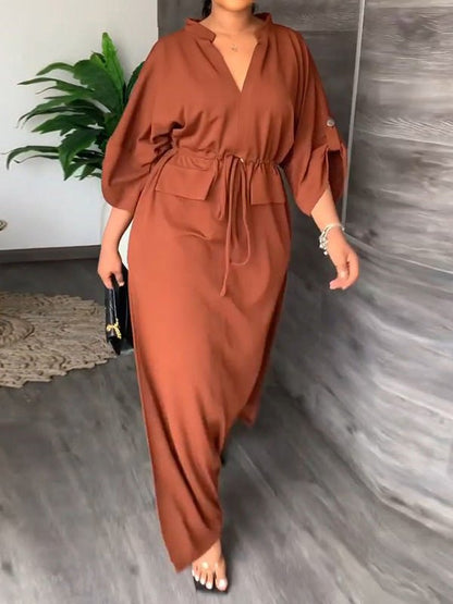 Dresses Casual Solid Tie Long Sleeve Slit Dress for Women
