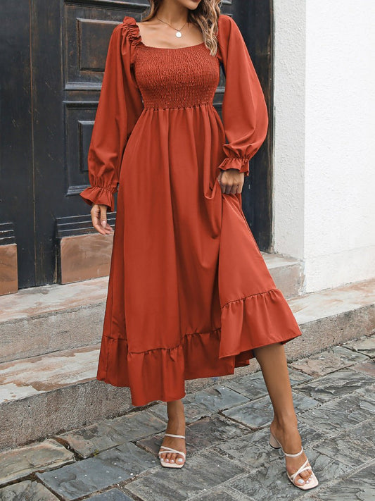 Casual Square Neck Long Sleeve Ruffle Dress