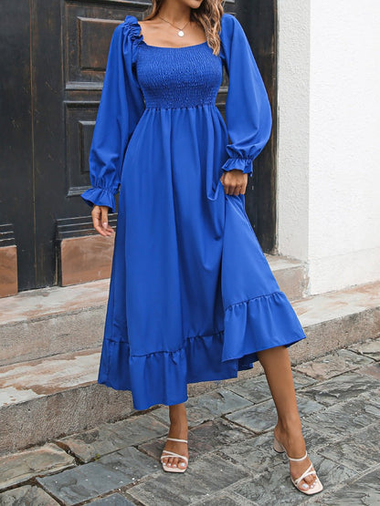 Maxi Dresses - Casual Square Neck Long Sleeve Ruffle Dress - MsDressly