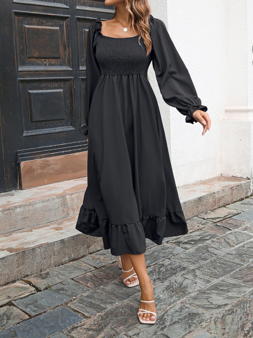 Maxi Dresses - Casual Square Neck Long Sleeve Ruffle Dress - MsDressly