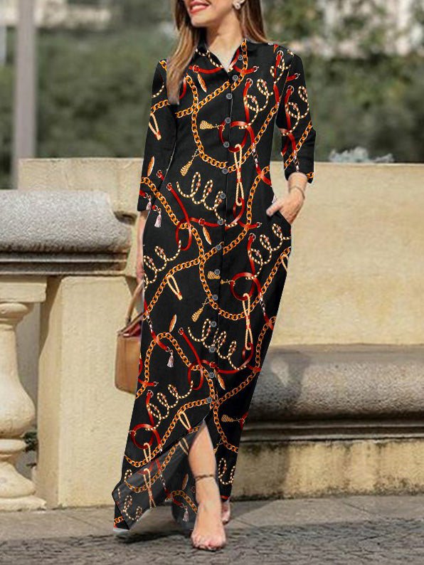 Dresses Chain Print Lapel Button Long Sleeve Dress for Women