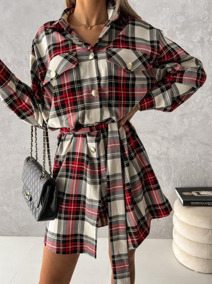 Women's Dresses Check Belted Long Sleeve Shirt Dress - LuckyFash™