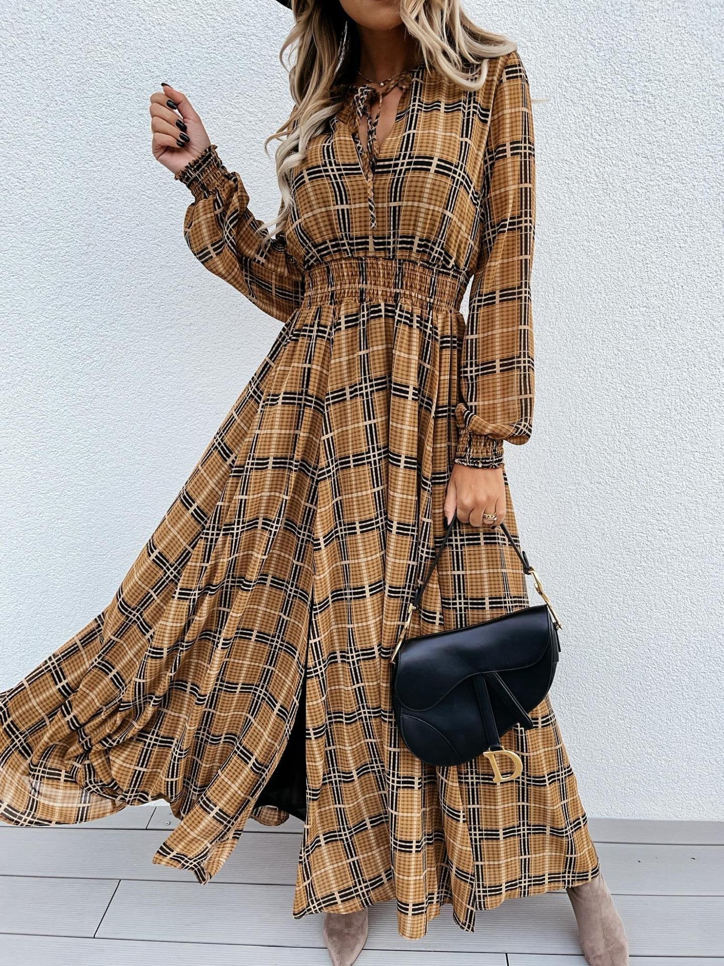 Women's Dresses Check Print Long Sleeve Split Dress - LuckyFash™