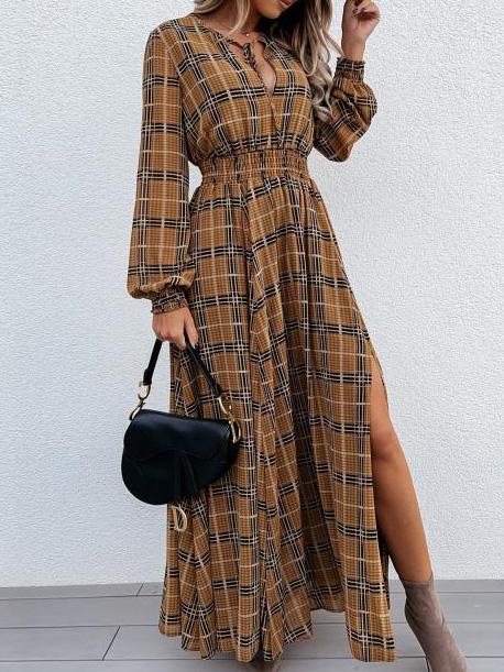 Women's Dresses Check Print Long Sleeve Split Dress - LuckyFash™