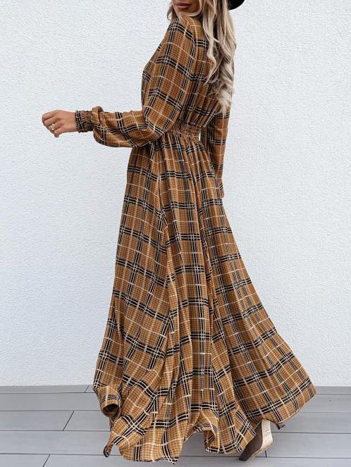 Women's Dresses Check Print Long Sleeve Split Dress - LuckyFash™