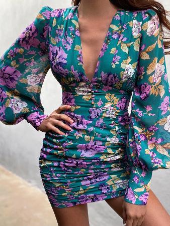 Dresses Chiffon Print Deep V-Neck Long Sleeve Dress for Women