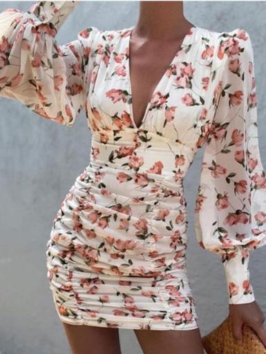 Dresses Chiffon Print Deep V-Neck Long Sleeve Dress for Women