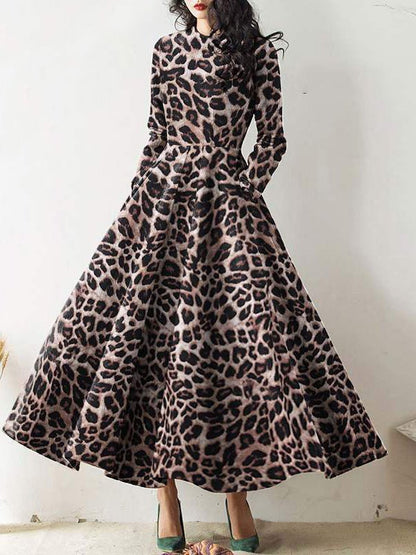 Dresses Crew Neck Leopard Print Long Sleeve Dress for Women