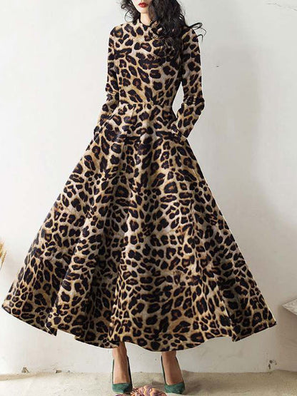 Dresses Crew Neck Leopard Print Long Sleeve Dress for Women