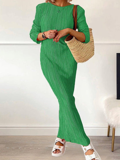 Dresses Crew Neck Pleated Long Sleeve Dress for Women