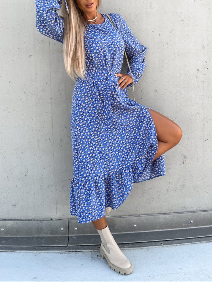 Women's Dresses Crew Neck Printed Long Sleeve Slit Dress - LuckyFash™