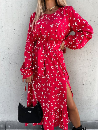 Women's Dresses Crew Neck Printed Long Sleeve Slit Dress - LuckyFash™