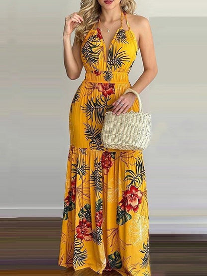 Dresses Deep V-Neck Halter Print Bare Back Dress for Women