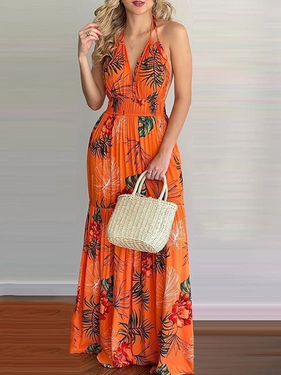 Dresses Deep V-Neck Halter Print Bare Back Dress for Women