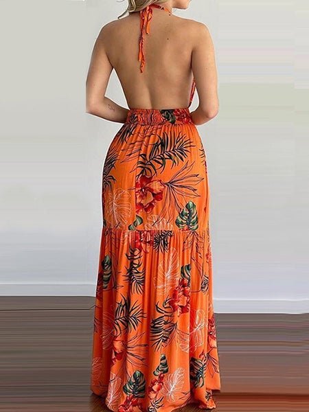 Women's Dresses Deep V-Neck Halter Print Bare Back Dress - LuckyFash™