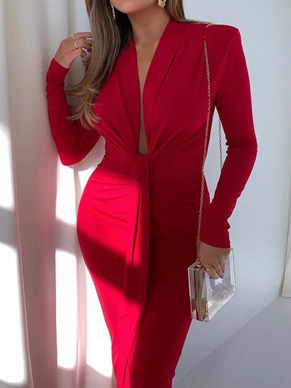 Women's Dresses Deep V Neck Long Sleeve Slim Fit Slit Dress - LuckyFash™