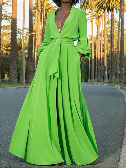 Women's Dresses Deep V Neck Long Sleeve Slit Dress - LuckyFash™