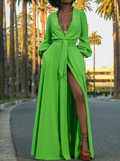 Dresses Deep V Neck Long Sleeve Slit Dress for Women