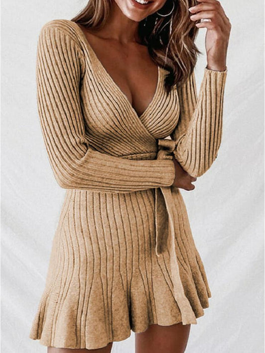 Dresses Deep V-Neck Long Sleeve Temperament Knitted Dress for Women