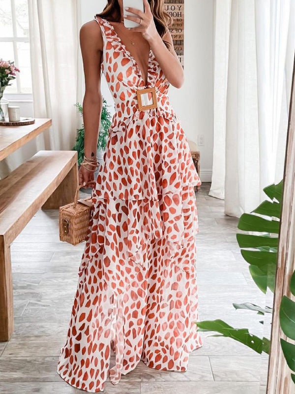 Dresses Deep V Neck Sleeveless Printed Dress for Women