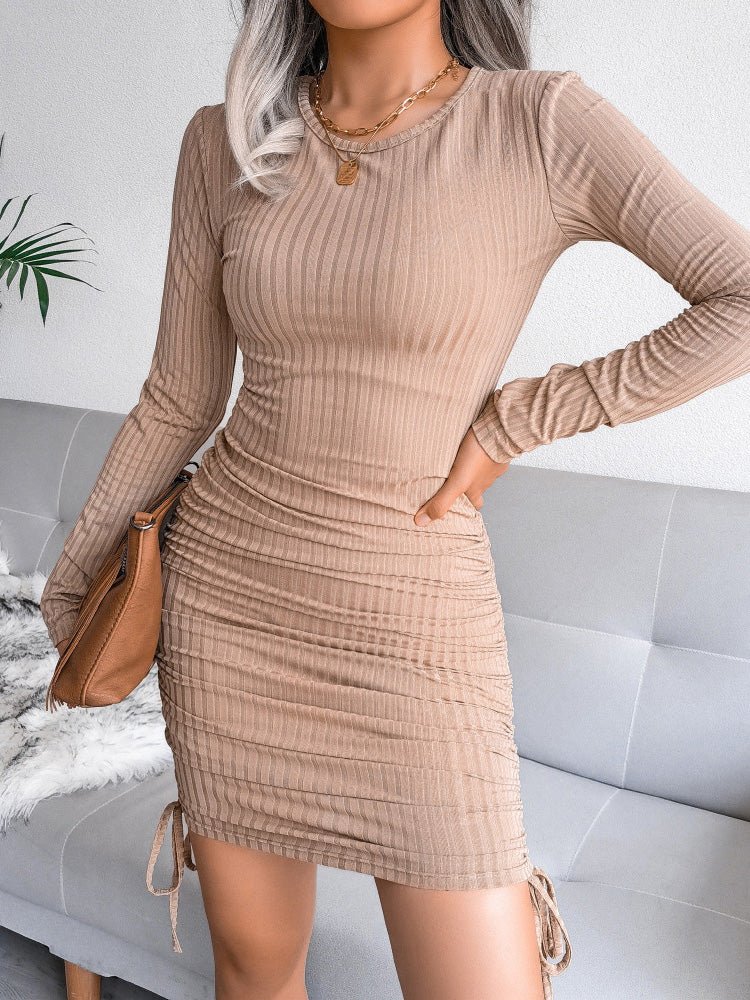 Mini Dresses - Drawstring Tie Pit Knit Long Sleeve Bodycon Dress - MsDressly