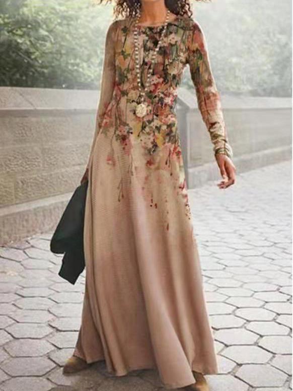 Dresses Elegant Retro Print Long Sleeve Dress for Women