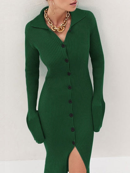 Dresses Fashion Lapel Button Long Sleeve Knit Dress for Women