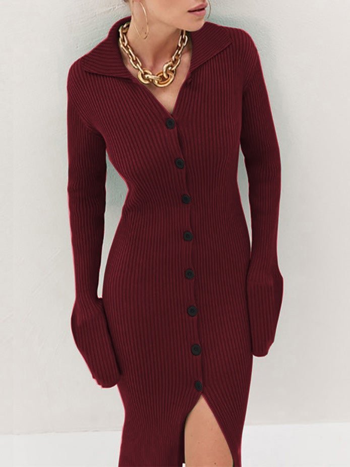 Women's Dresses Fashion Lapel Button Long Sleeve Knit Dress - LuckyFash™