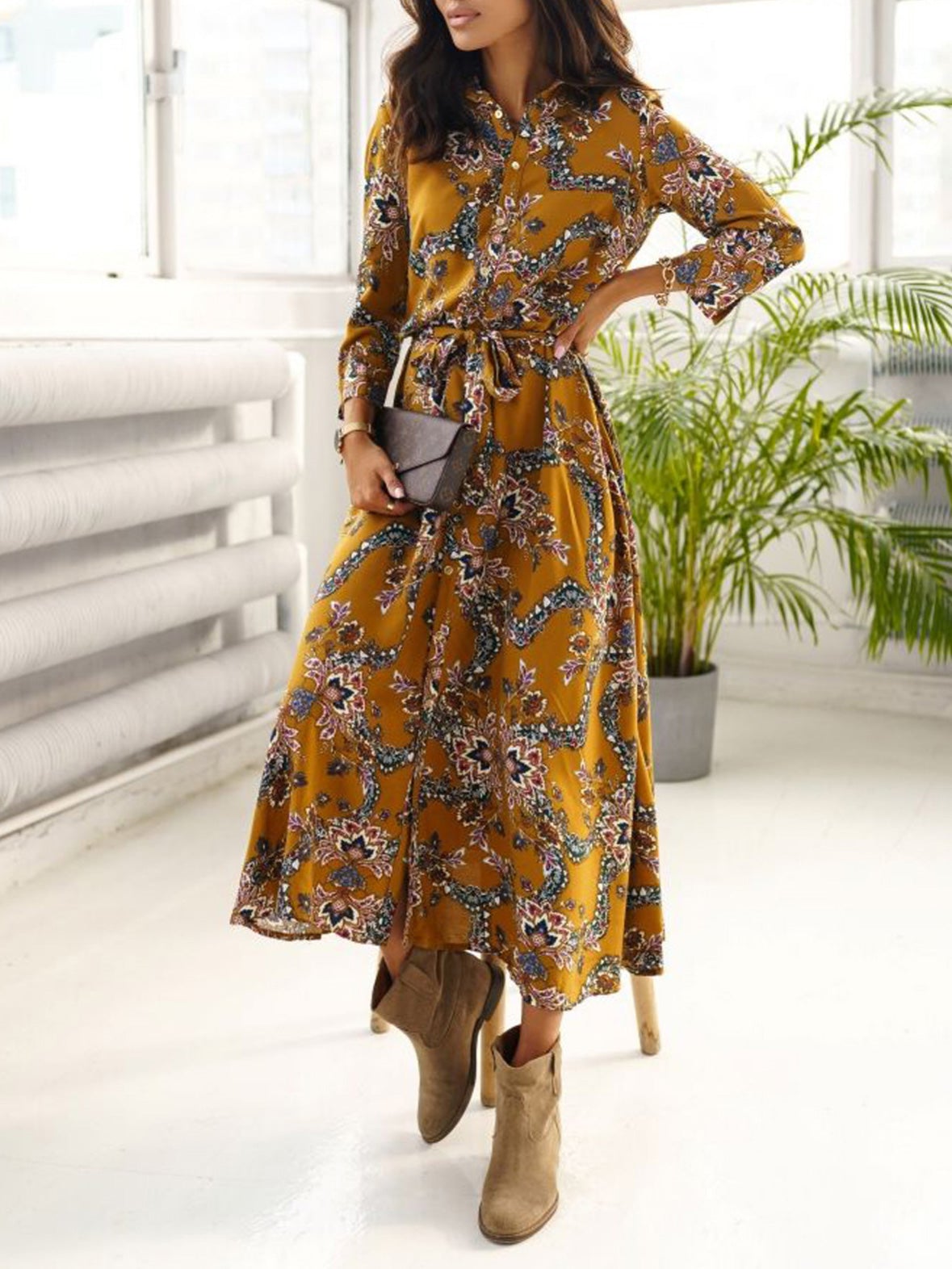 Dresses Fashion Print Belted Long Sleeve Shirt Dress for Women