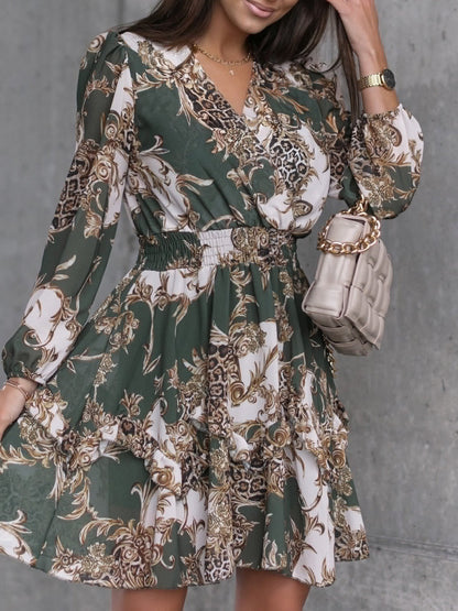 Dresses Fashion Printed V-Neck Long Sleeve Dress for Women