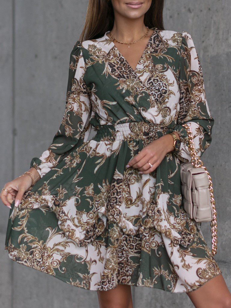 Women's Dresses Fashion Printed V-Neck Long Sleeve Dress - LuckyFash™