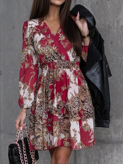 Dresses Fashion Printed V-Neck Long Sleeve Dress for Women