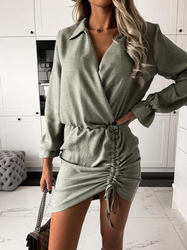 Women's Dresses Fashion V-Neck Long Sleeve Drawstring Dress - LuckyFash™