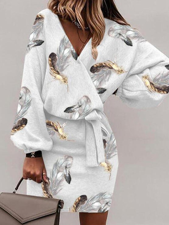 Women's Dresses Feather Print V-Neck Belted Long Sleeve Dress - LuckyFash™