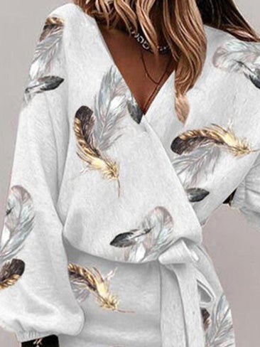 Women's Dresses Feather Print V-Neck Belted Long Sleeve Dress - LuckyFash™