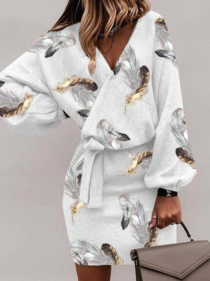 Women's Dresses Feather Print V-Neck Belted Long Sleeve Dress - LuckyFash™