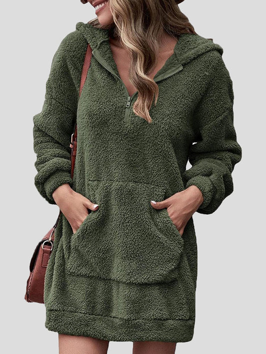 Dresses Fleece Pocket Zipper Hooded Long Sleeve Dress for Women